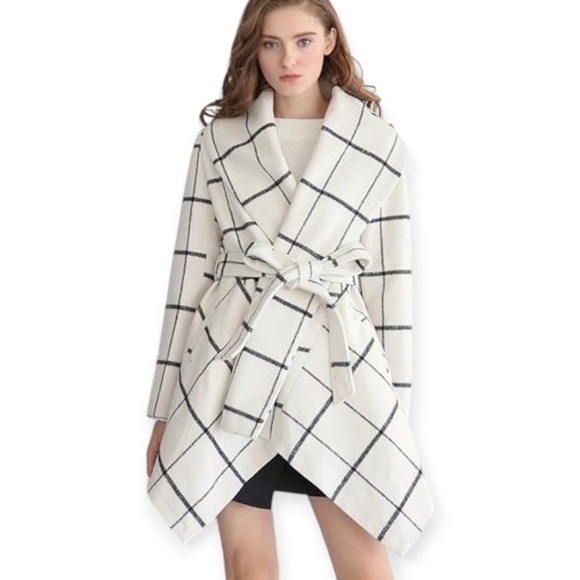 Chicwish Women's PRAIRIE GRID RABATO Grid Off-White Wool Blend Coat SZ Large - Picture 3 of 10